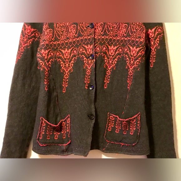 RARE Free People Brown With Red Damask Design Cardigan - Picture 2 of 4